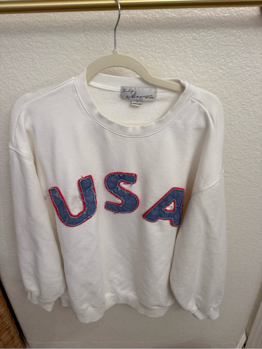 Vici White Sweatshirt with Blue & Red USA Appliqué